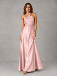 Sage Green Satin A-Line Bridesmaid Dress with Halter Neck