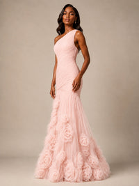 Blush Pink One Shoulder 3D Floral Mermaid Prom Dress