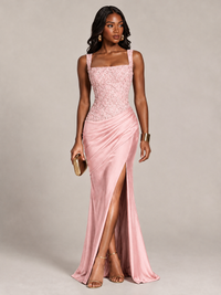 Scoop Neck Sequin Prom Dress with High Slit Satin Formal Gowns