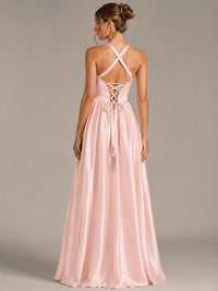 Light Yellow Halter Neck Satin A-Line Maxi Dress with Pockets