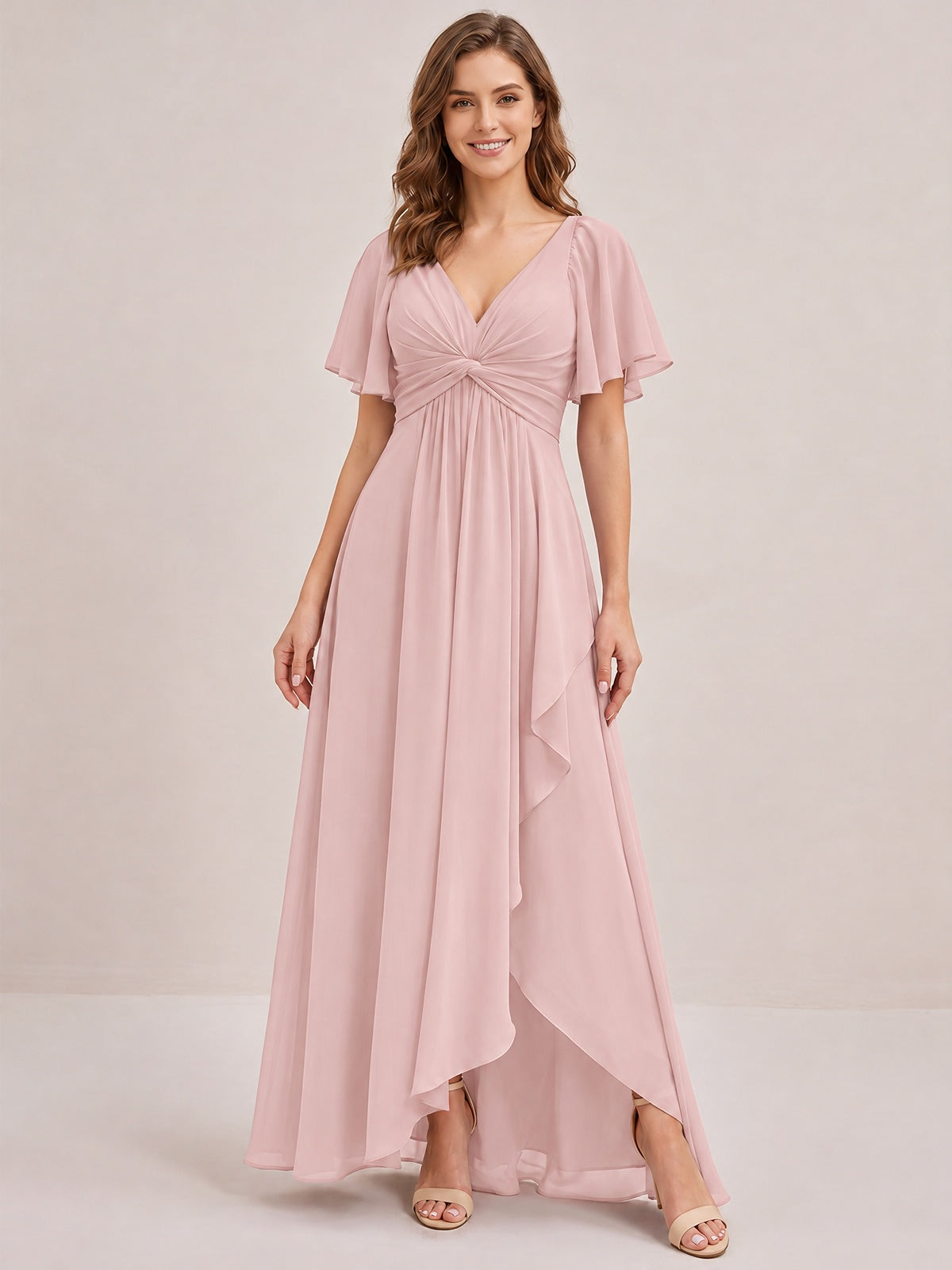 Dusty Blue Chiffon Bridesmaid Dress with Flutter Sleeves & High-Low Hem