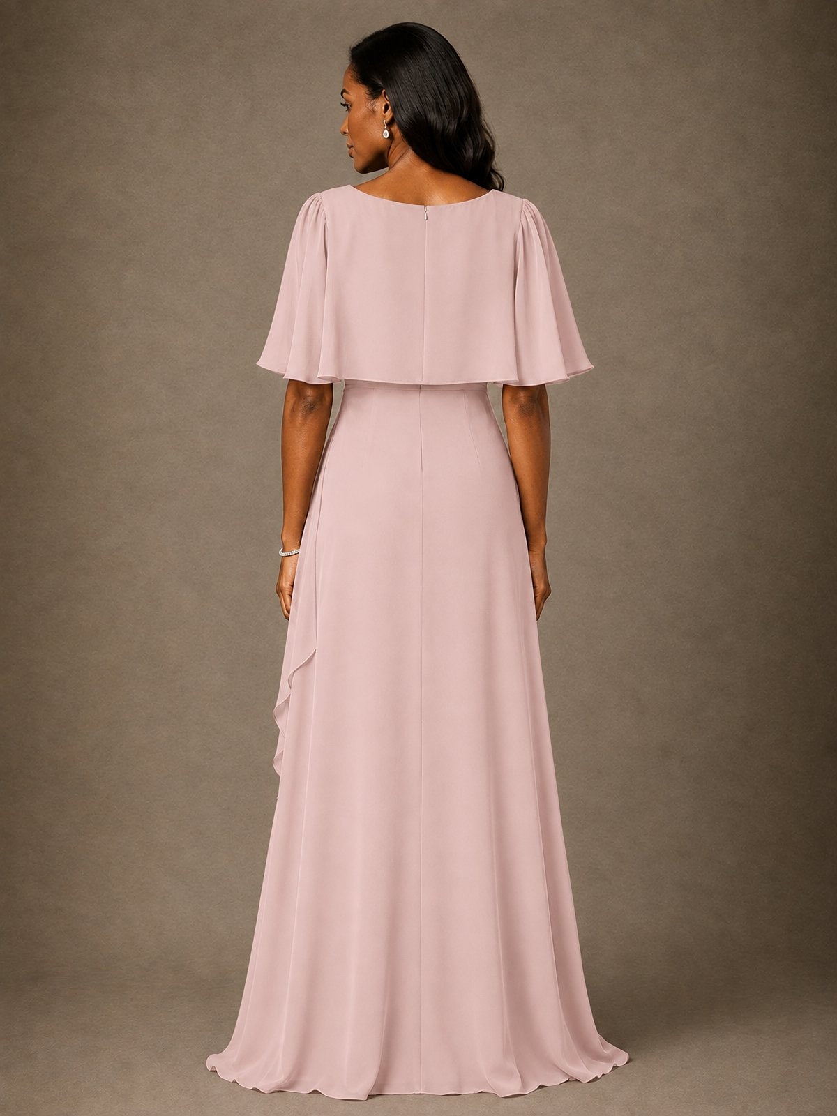 Taupe Chiffon A-Line Mother of the Bride Dress with Cape Sleeves