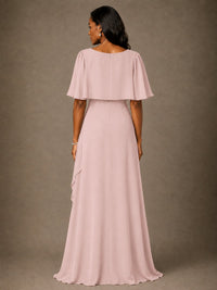 Taupe Chiffon A-Line Mother of the Bride Dress with Cape Sleeves