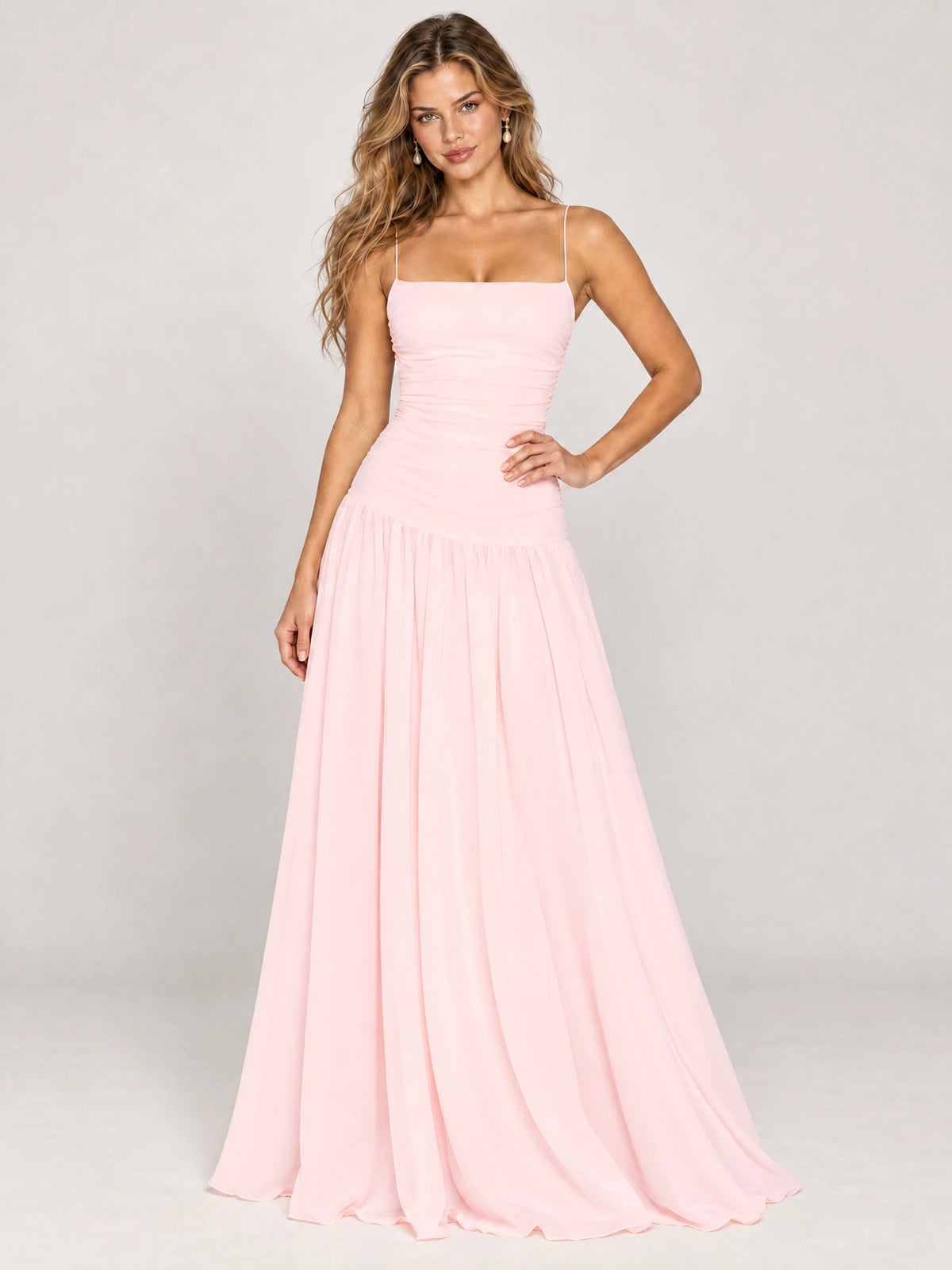 Butter Yellow Ruched Spaghetti Strap Drop-Waist Prom Dress