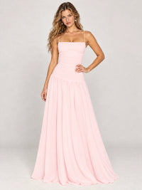 Butter Yellow Ruched Spaghetti Strap Drop-Waist Prom Dress