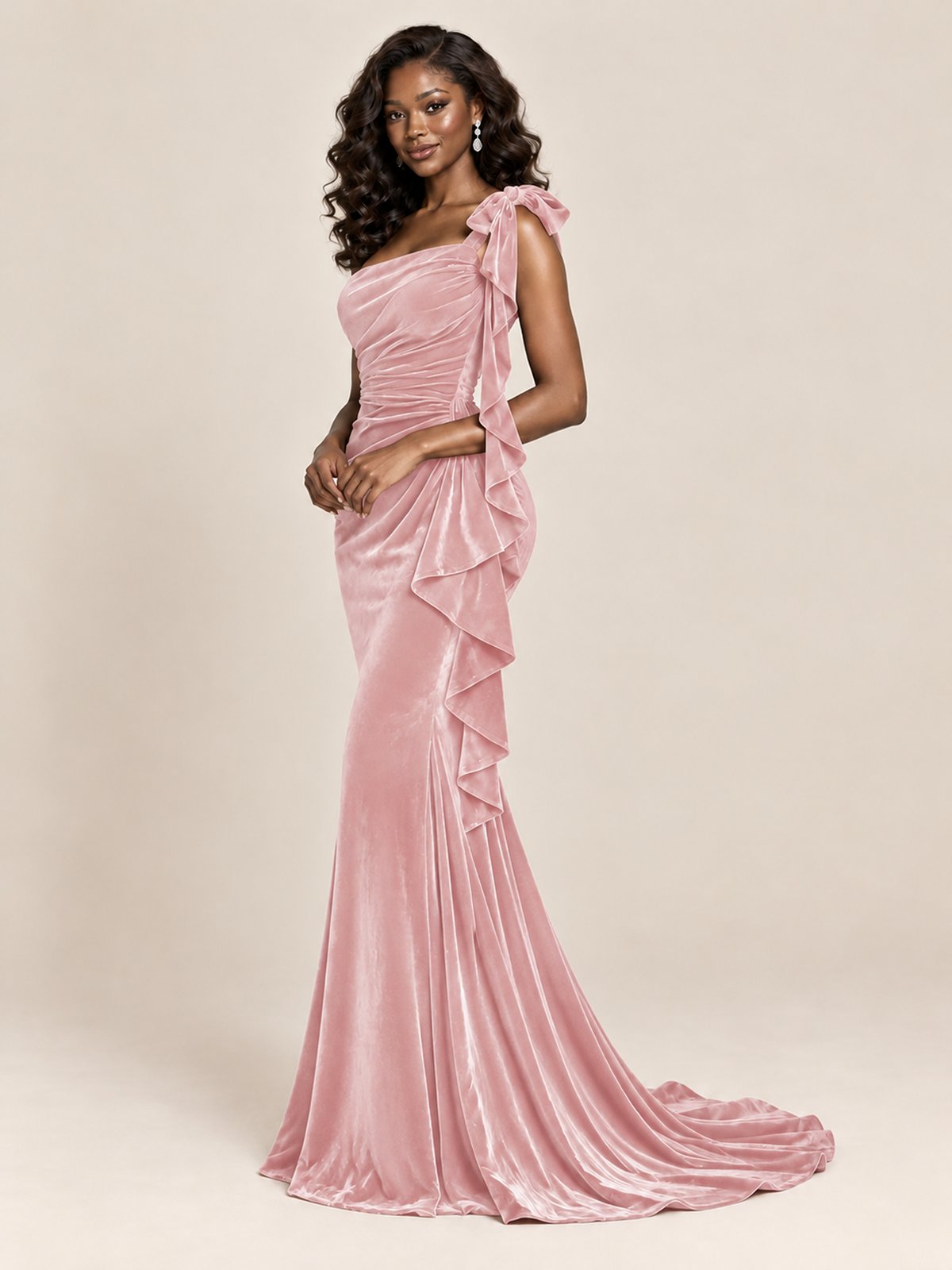 Black Velvet One-Shoulder Mermaid Evening Gown with Bow & Ruffles