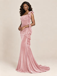 Black Velvet One-Shoulder Mermaid Evening Gown with Bow & Ruffles