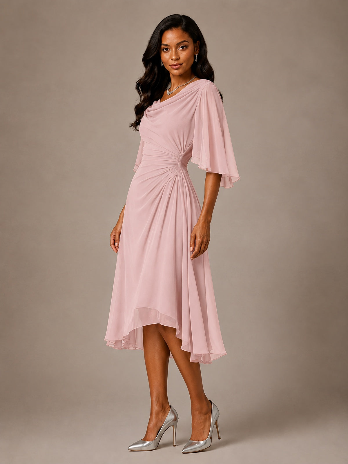 Cowl Neck Ruched Chiffon Mother of the Bride Dresses with Flutter Sleeves