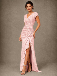 V-Neck Floral Jacquard Mother of the Bride Dress with Slit