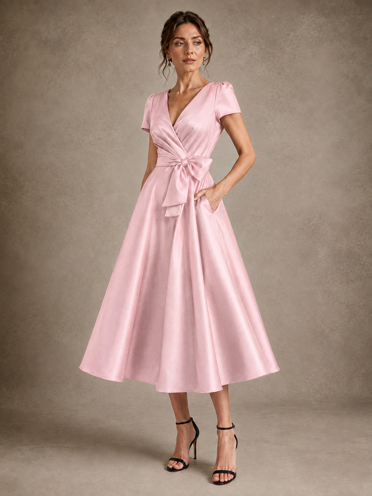 V-Neck Tea-Length Satin Mother of the Bride Dress with Bow