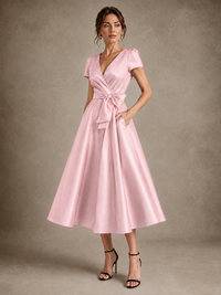 V-Neck Tea-Length Satin Mother of the Bride Dress with Bow