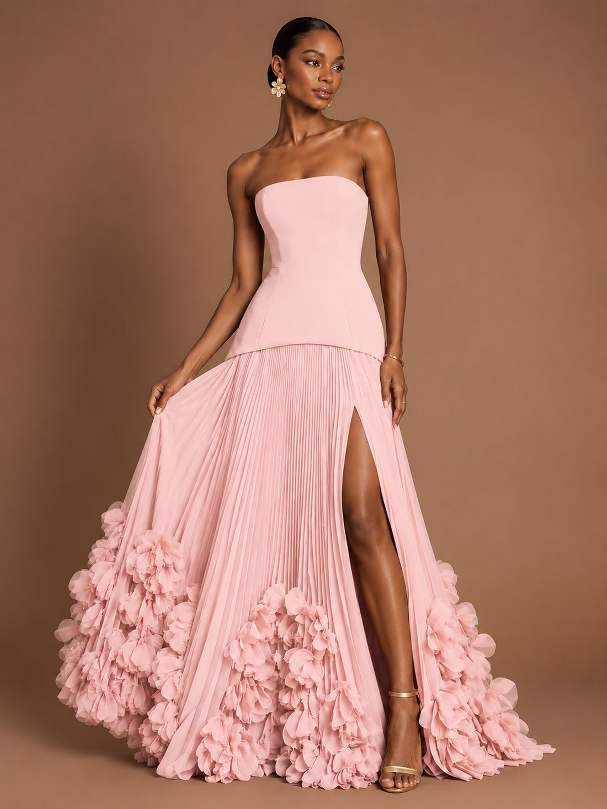 Strapless Pleated Floral Satin Formal Dress with Side Slit