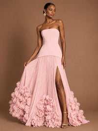 Strapless Pleated Floral Satin Formal Dress with Side Slit