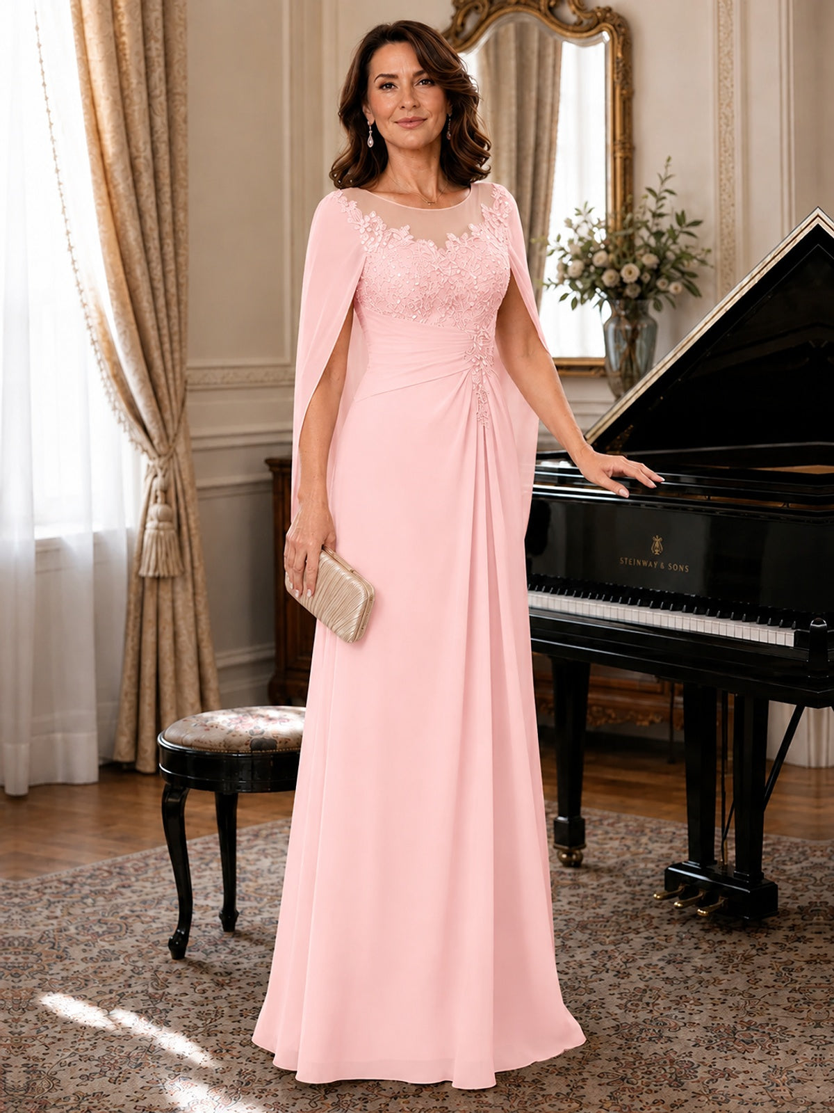 Elegant Applique Chiffon Mother of the Bride Dress with Cape Sleeves