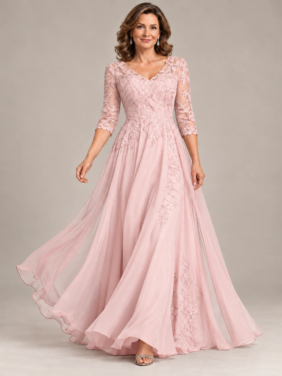 Sequin Lace A-Line Mother of the Bride Dress with 3/4 Sleeves