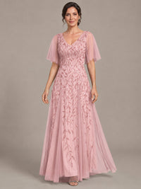 V-Neck Sequin Tulle Mother of the Bride Dress with Flutter Sleeve