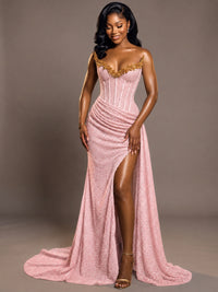Luxury Strapless Sequin Corset Mermaid Prom Dress with High Slit & Train