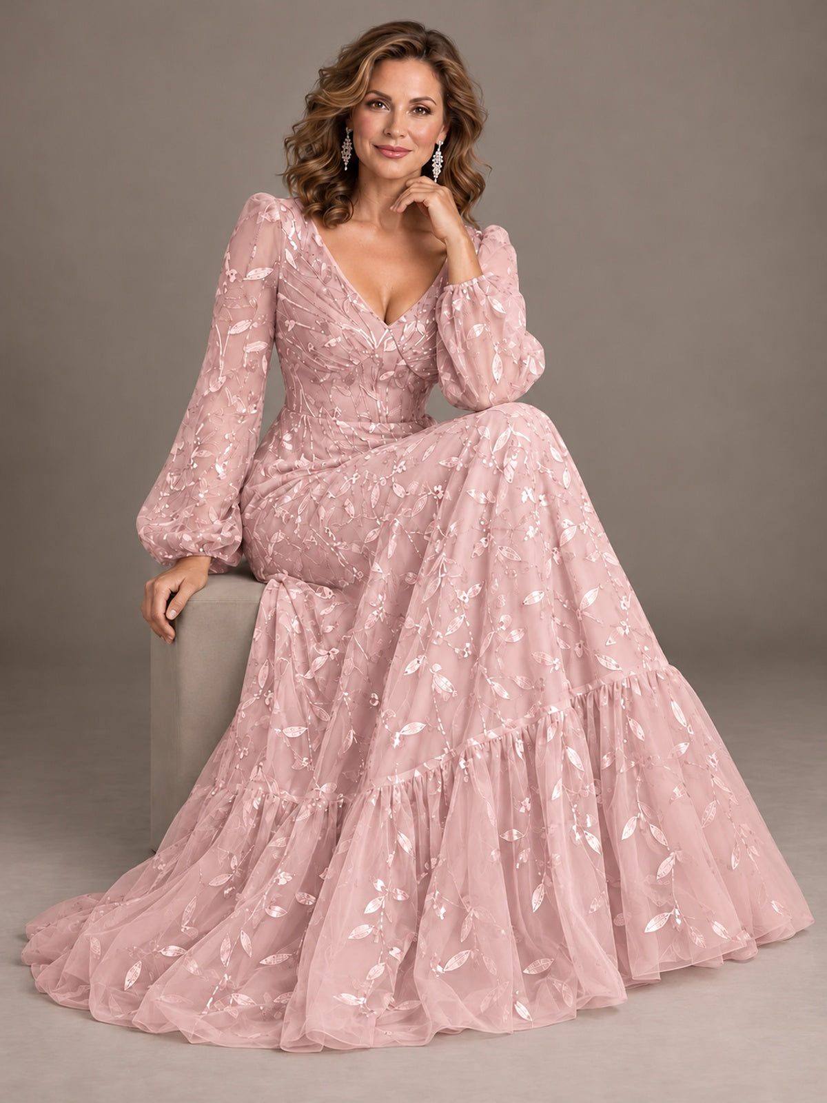Floral Sequin Embroidered A-Line Mother of the Bride Dress with Long Sleeves