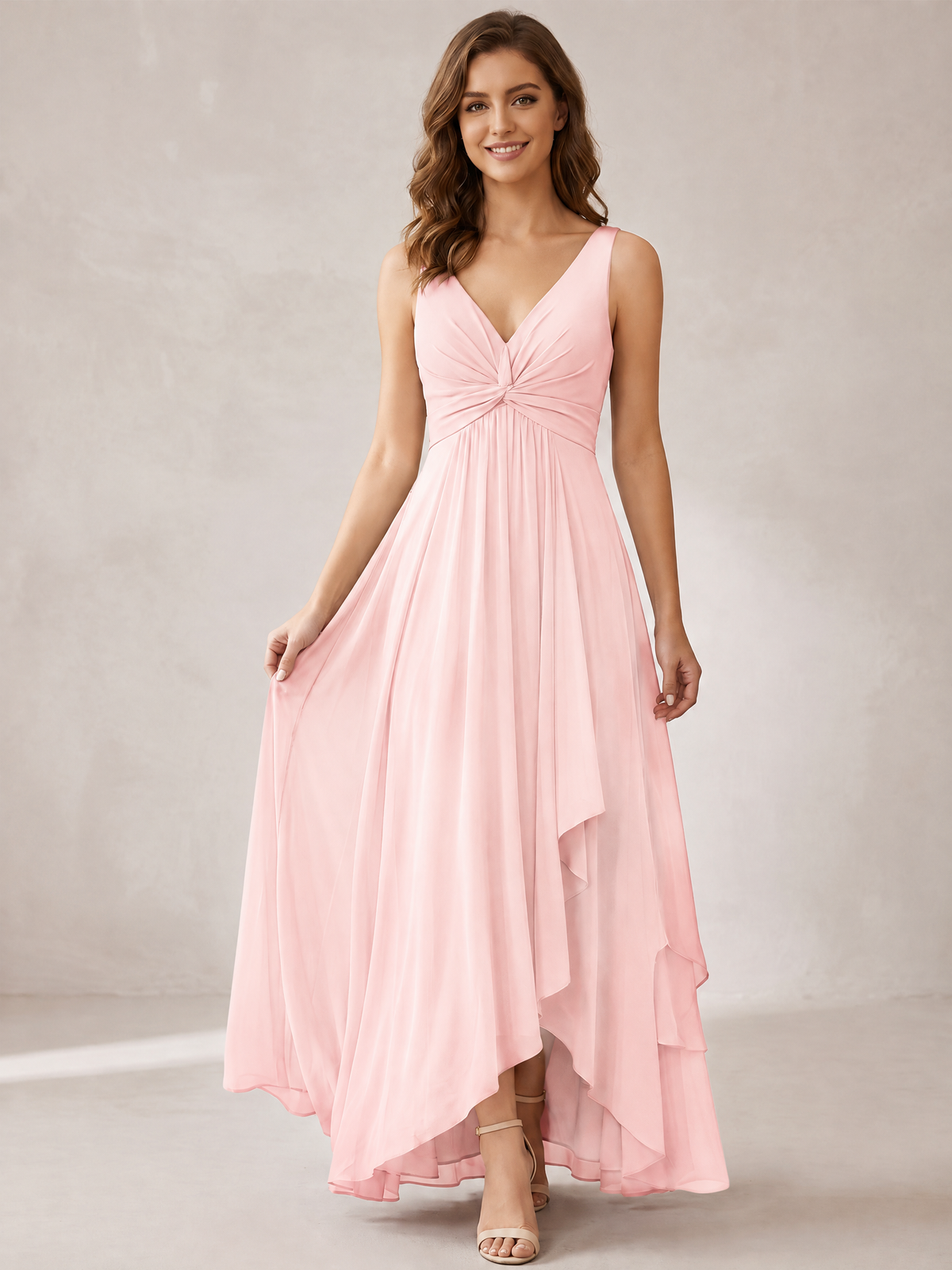 V-Neck High-Low Chiffon Bridesmaid Dress with Ruffles