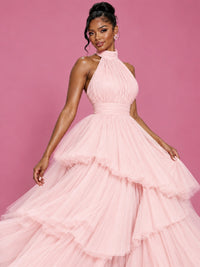 Hot Pink Tulle Halter Neck Tiered Ruffle Maxi Dress