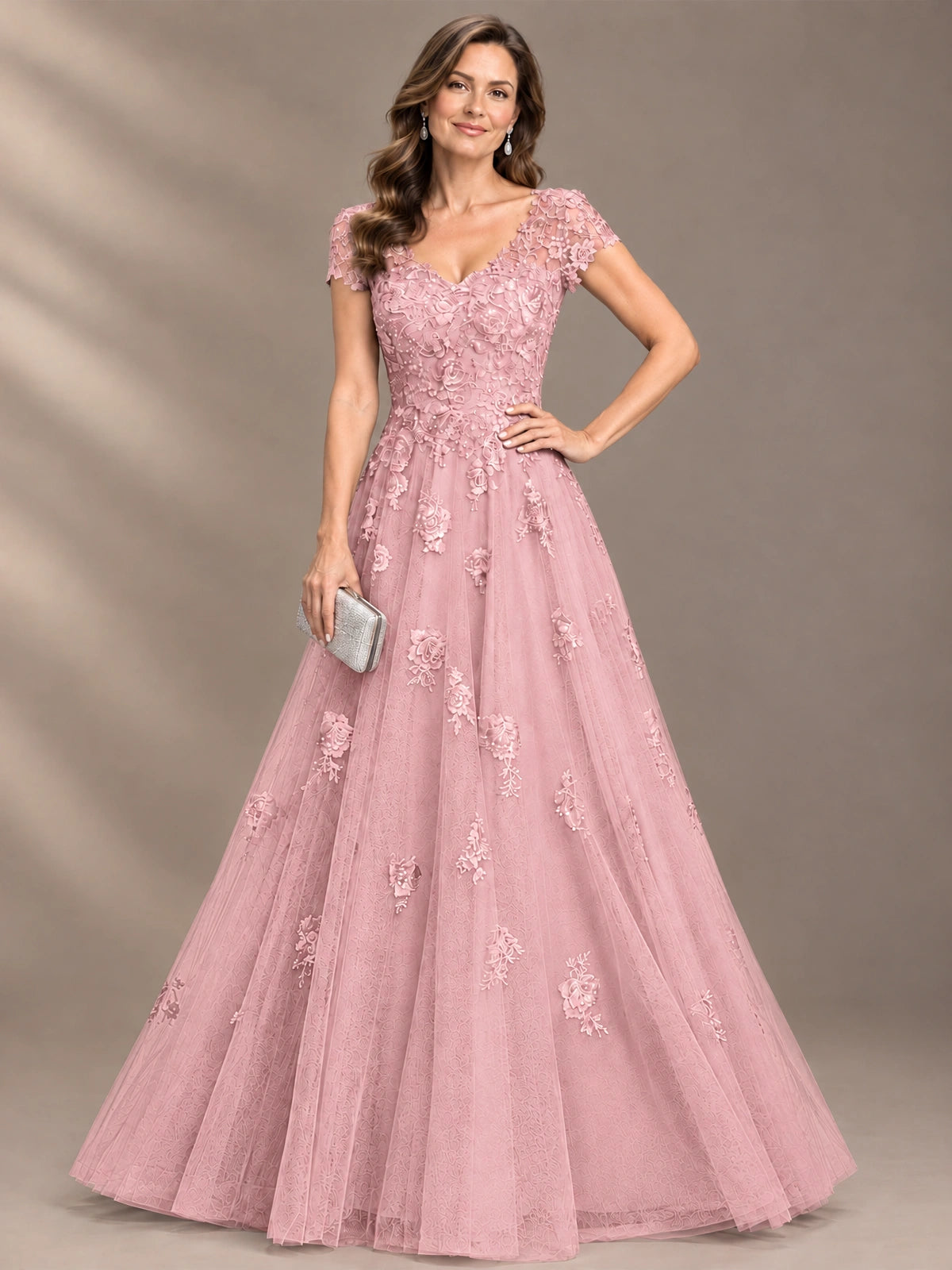 Lace Appliques A-line Mother of The Bride Dresses with Short Sleeves