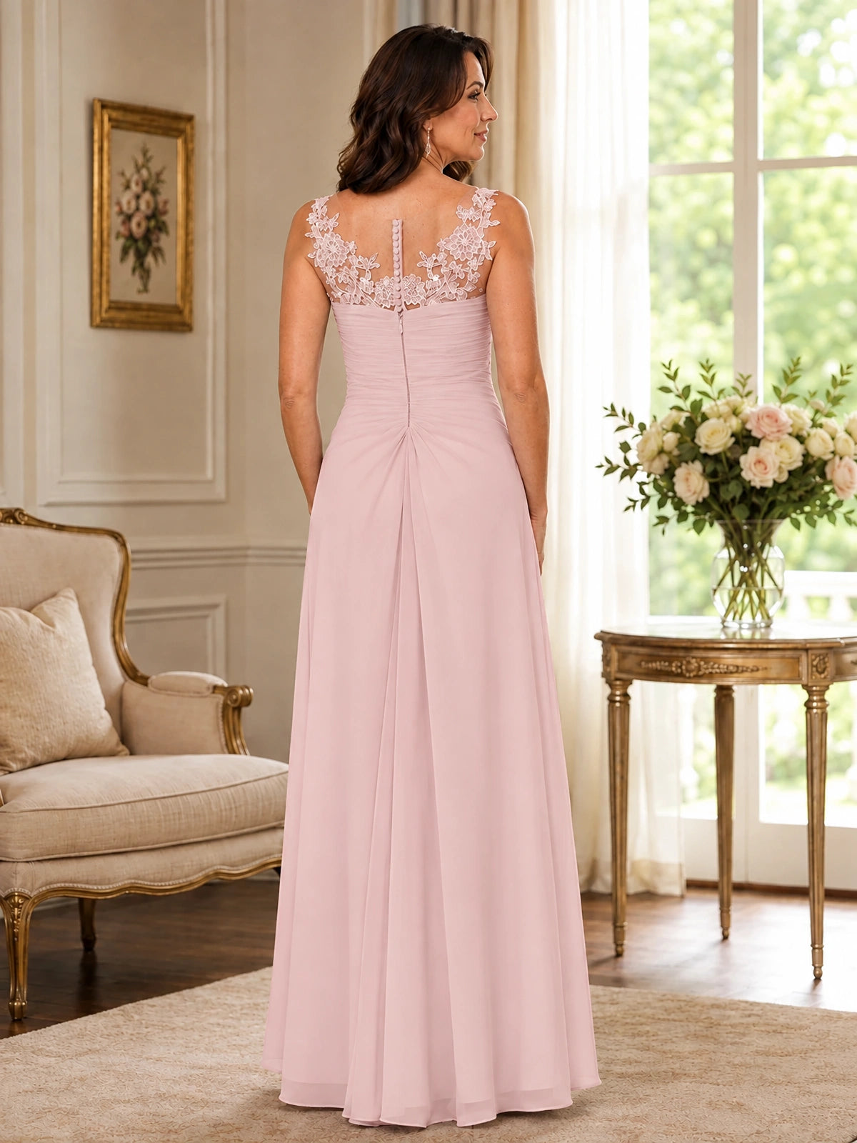 Elegant Chiffon Mother of the Bride Dress with Lace Applique and Cape Sleeves