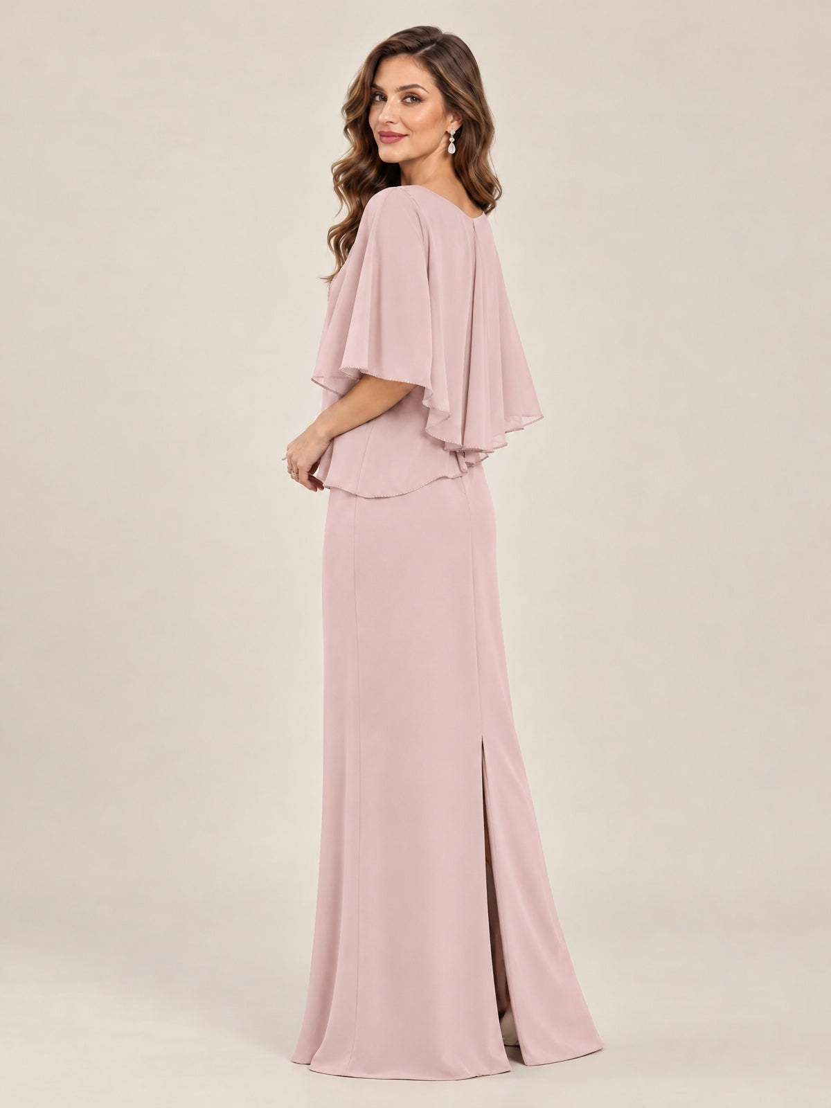 Cape Sleeve Mother of the Bride Dress with Asymmetrical Overlay