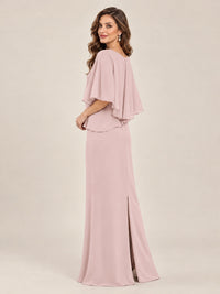 Cape Sleeve Mother of the Bride Dress with Asymmetrical Overlay