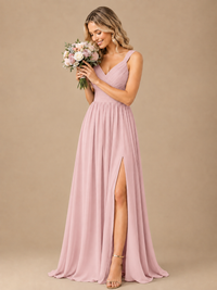 Pleated Chiffon V Neck Wedding Bridesmaid Dresses Floor Length with Slit