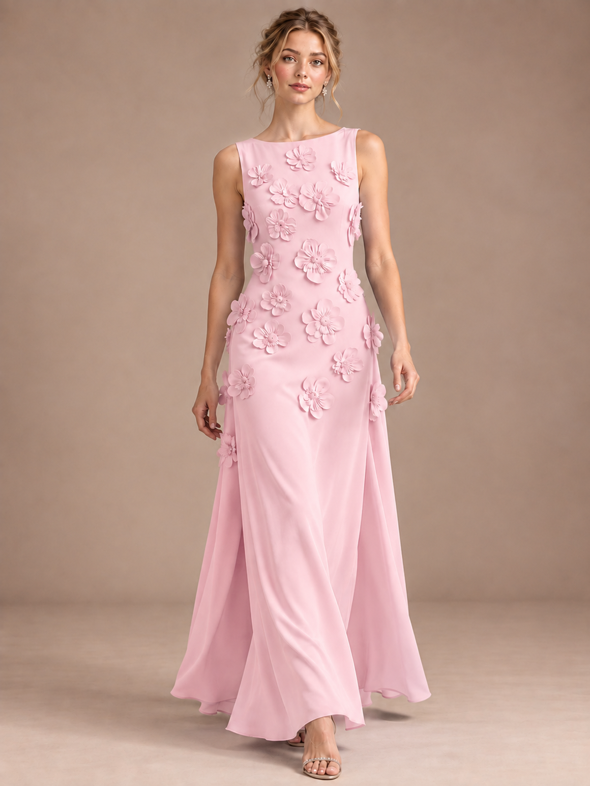 3D Floral Applique Sleeveless Formal Maxi Dress