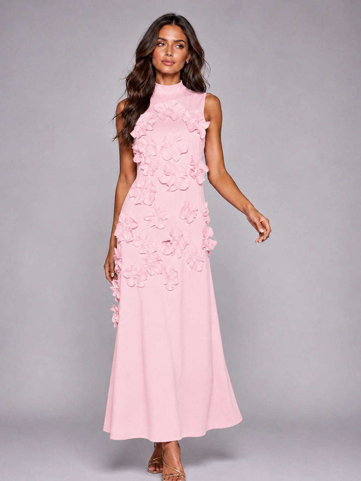 3D Floral Applique High Neck Prom Maxi Dress