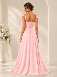 Ruffle Slit Chiffon A Line Scoop Neck Bridesmaid Dresses with Pockets