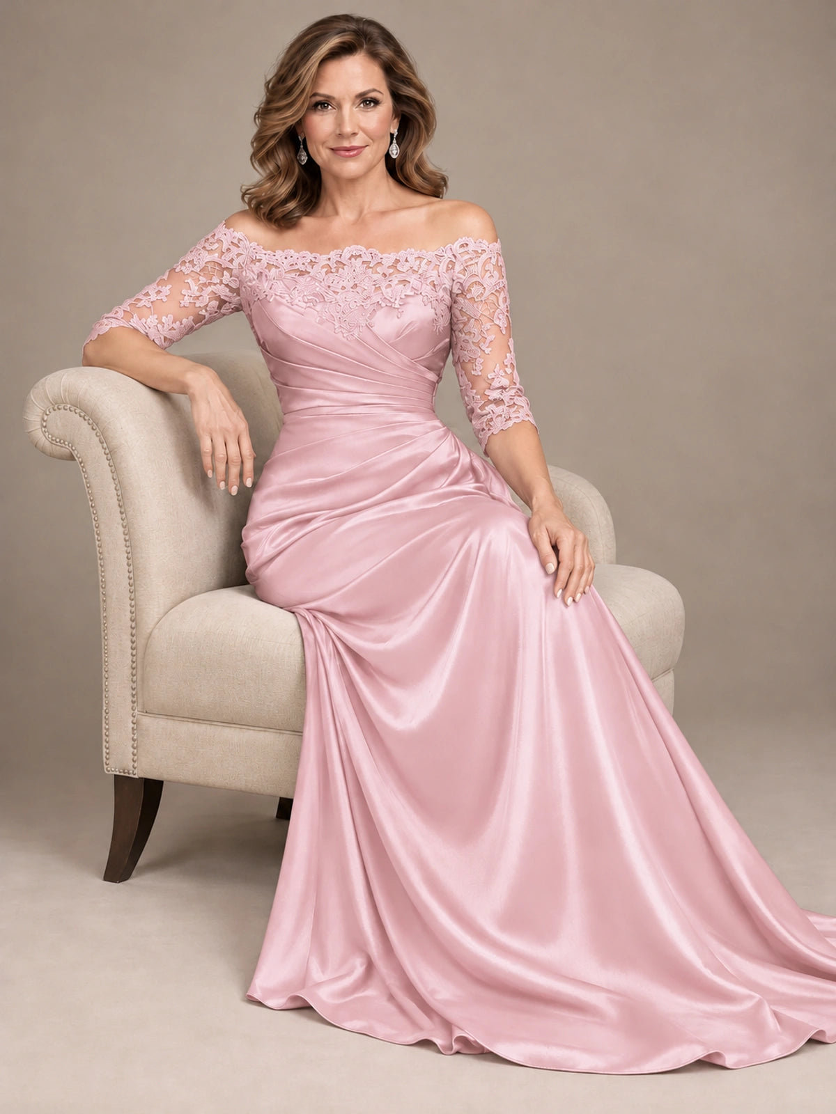 Satin Mother of the Bride Dress with Lace Sleeves Off Shoulder Formal Gown