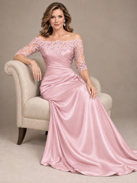 Satin Mother of the Bride Dress with Lace Sleeves Off Shoulder Formal Gown
