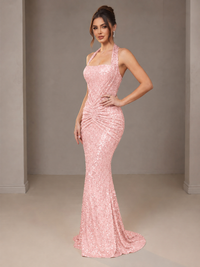 Gold Halter Sequin Mermaid Ruched Prom Dress Long Ruched Evening Gown