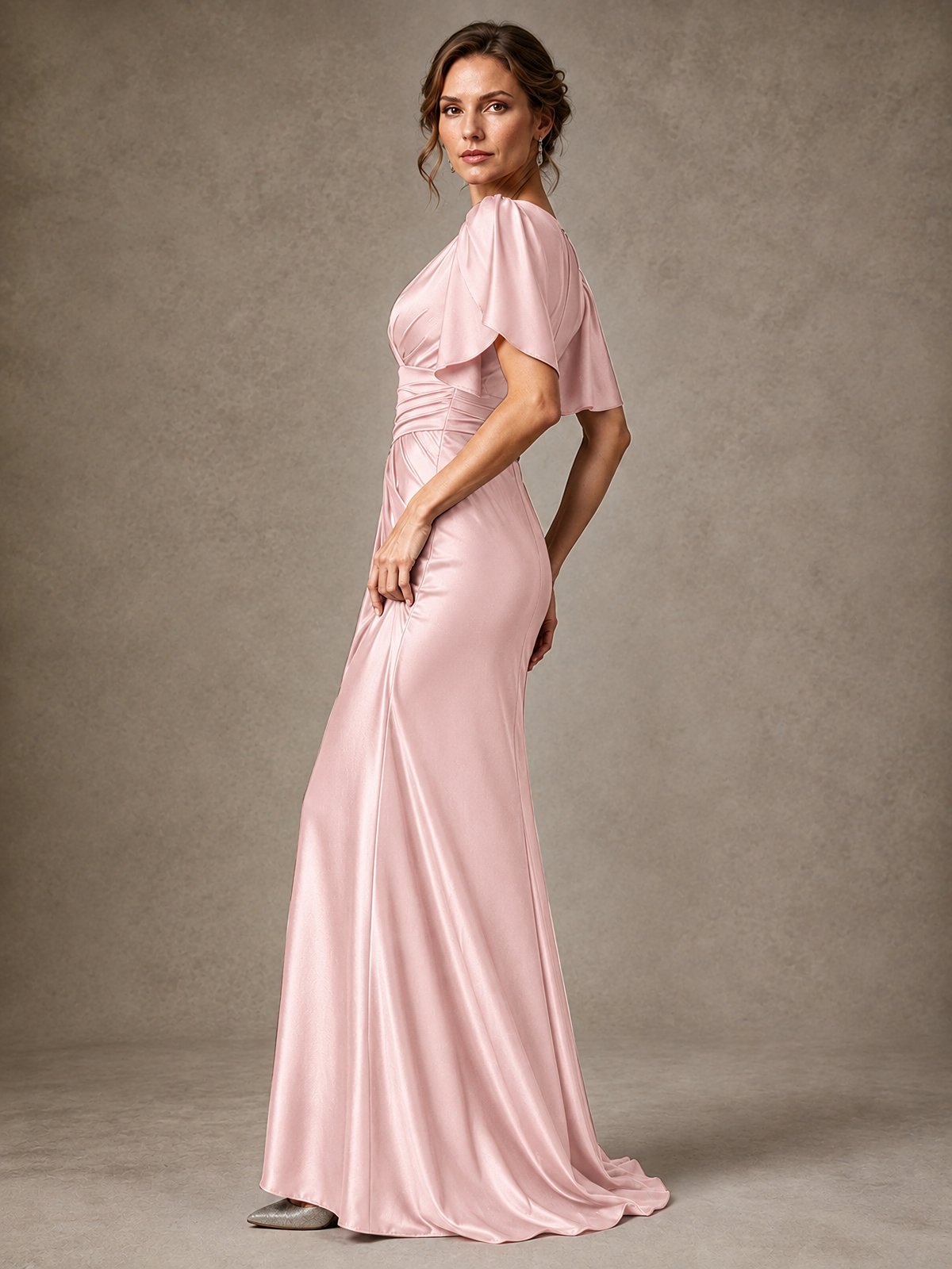 V-Neck Satin Mother of the Bride Dress with Flutter Sleeves