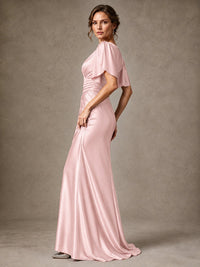 V-Neck Satin Mother of the Bride Dress with Flutter Sleeves