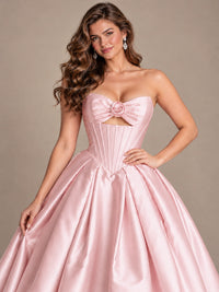 Pink Strapless Corset Satin Prom Derss & Ball Gown with 3D Floral