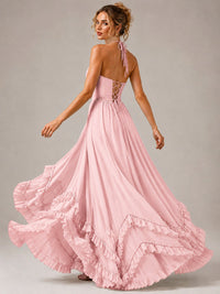 Halter V Neck Chiffon Formal Dress with Lace-Up Back and Ruffle Hem