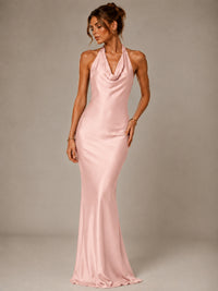 Olive Green Halter Satin Mermaid Maxi Dress