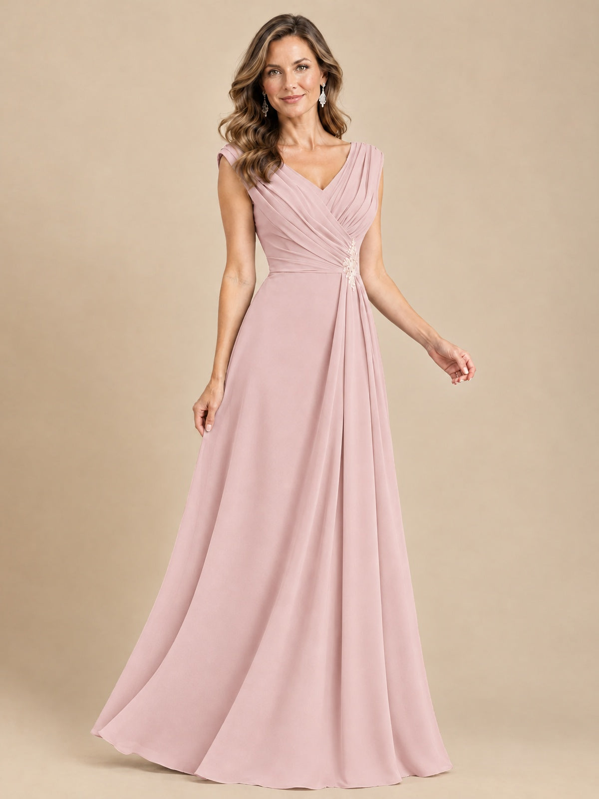 V Neck Pleated Mother of The Bride Dresses with Beading Cap Sleeves