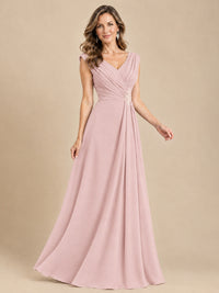 V Neck Pleated Mother of The Bride Dresses with Beading Cap Sleeves