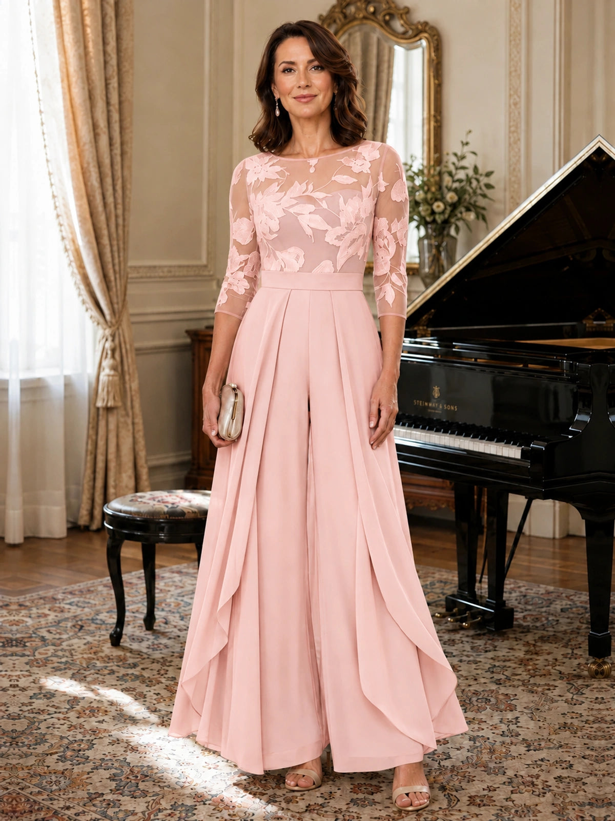 Lace Applique Wide-Leg Chiffon Mother of the Bride Jumpsuit