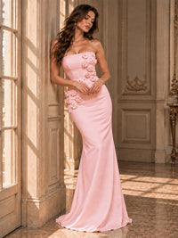 White Strapless Mermaid Maxi Dress with 3D Floral Appliques