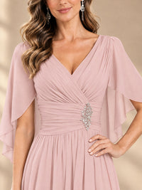 Ruched V Neck Mother of The Bride Dresses with Shawls Appliques and Cap Sleeves