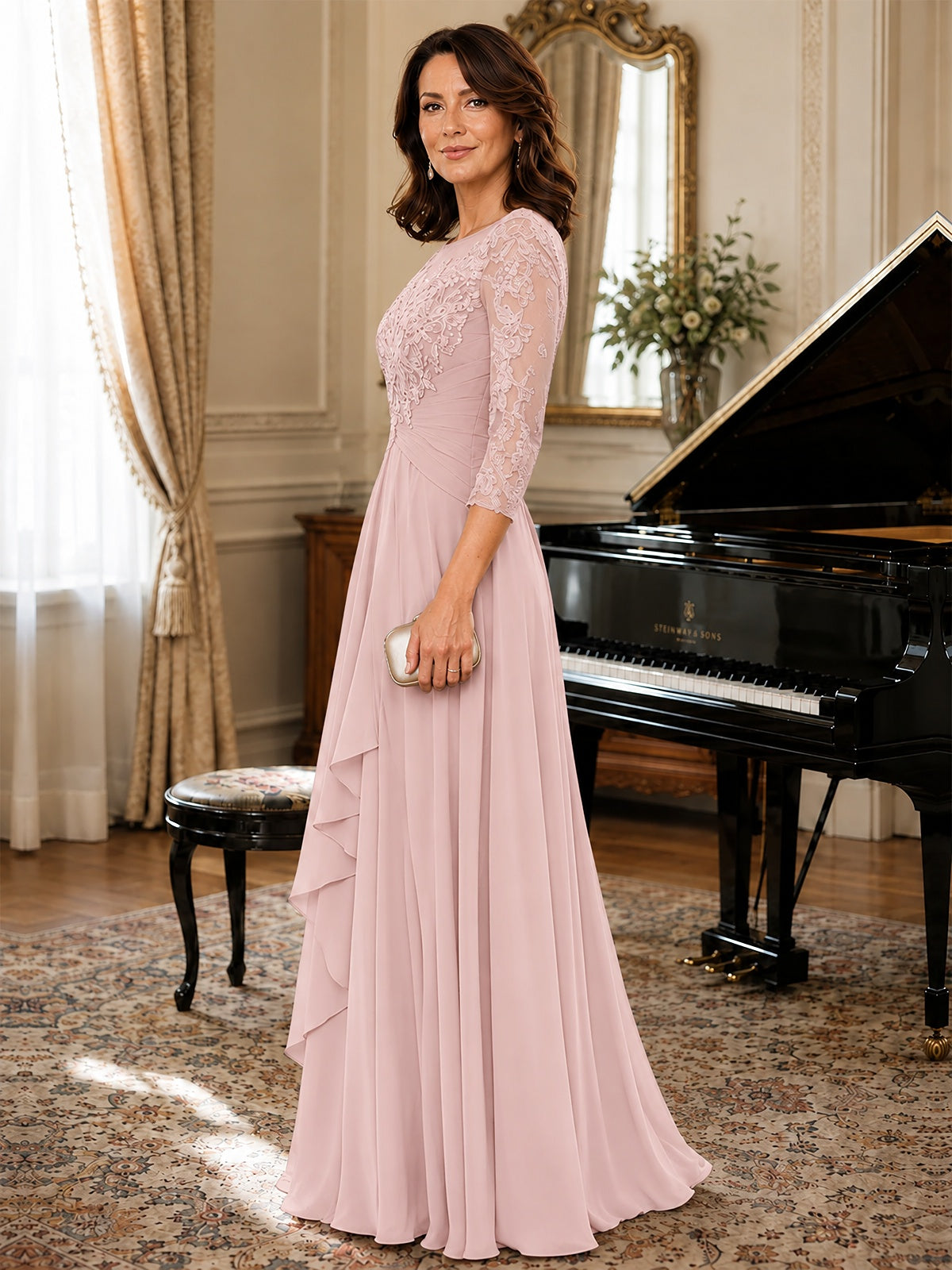 A-Line Chiffon Mother of the Bride Dress with Floral Applique 3/4 Sleeves