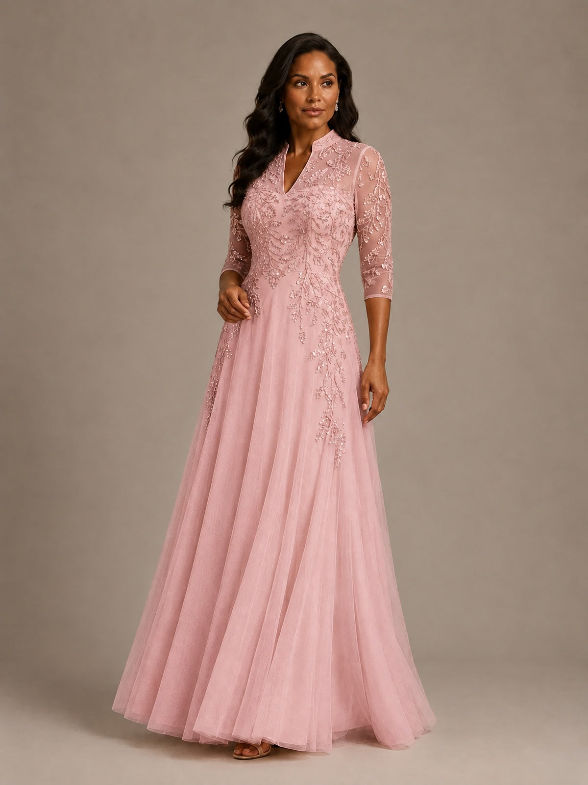 Embellished Appliques Mother of the Bride Dress with 3/4 Sleeves
