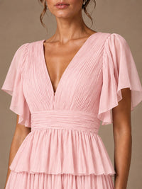 Chiffon V-Neck Tiered Ruffle Bridesmaid Dress with Slit