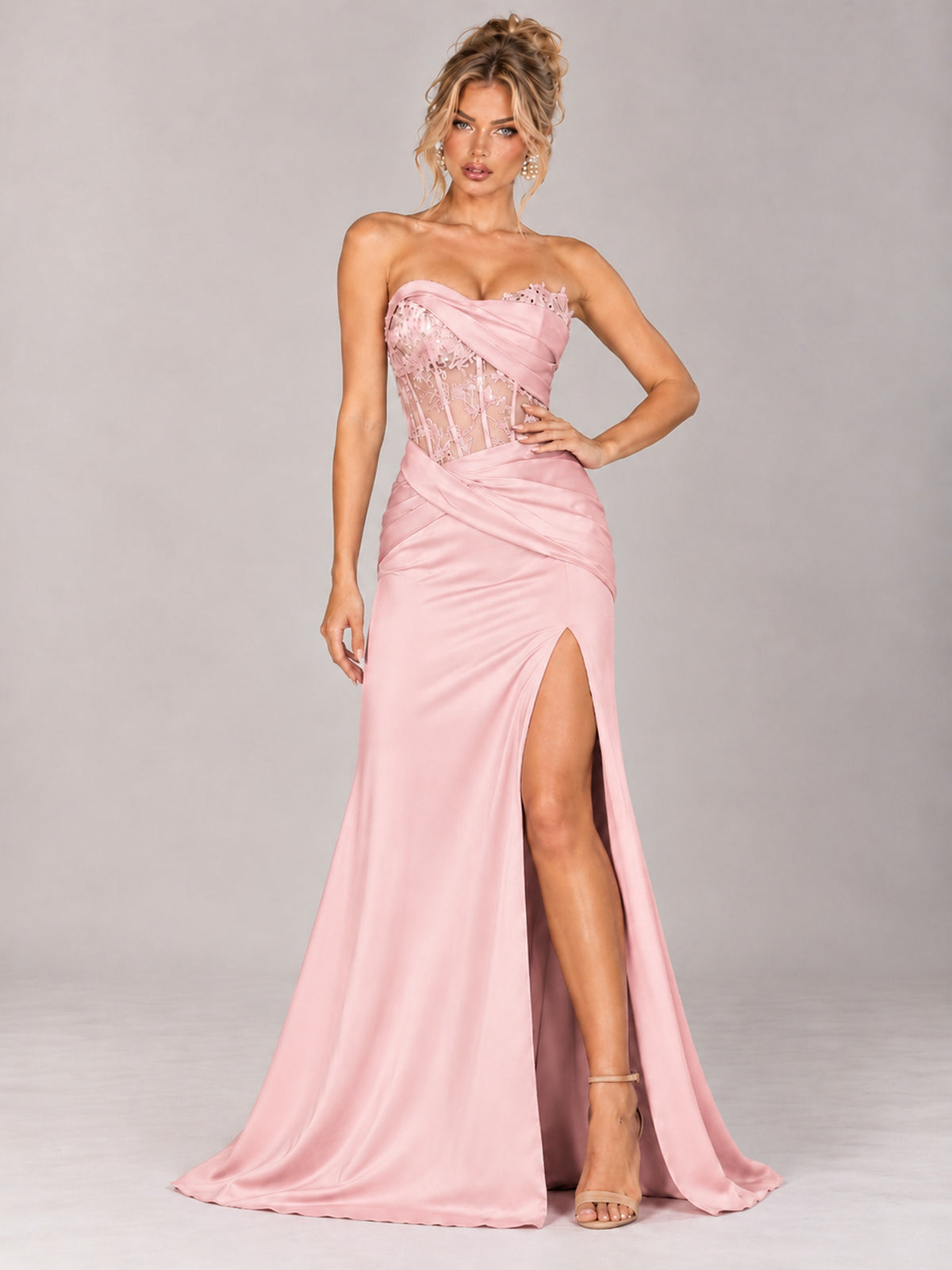 Strapless Satin Prom Dress with Sheer Lace Corset & High Slit