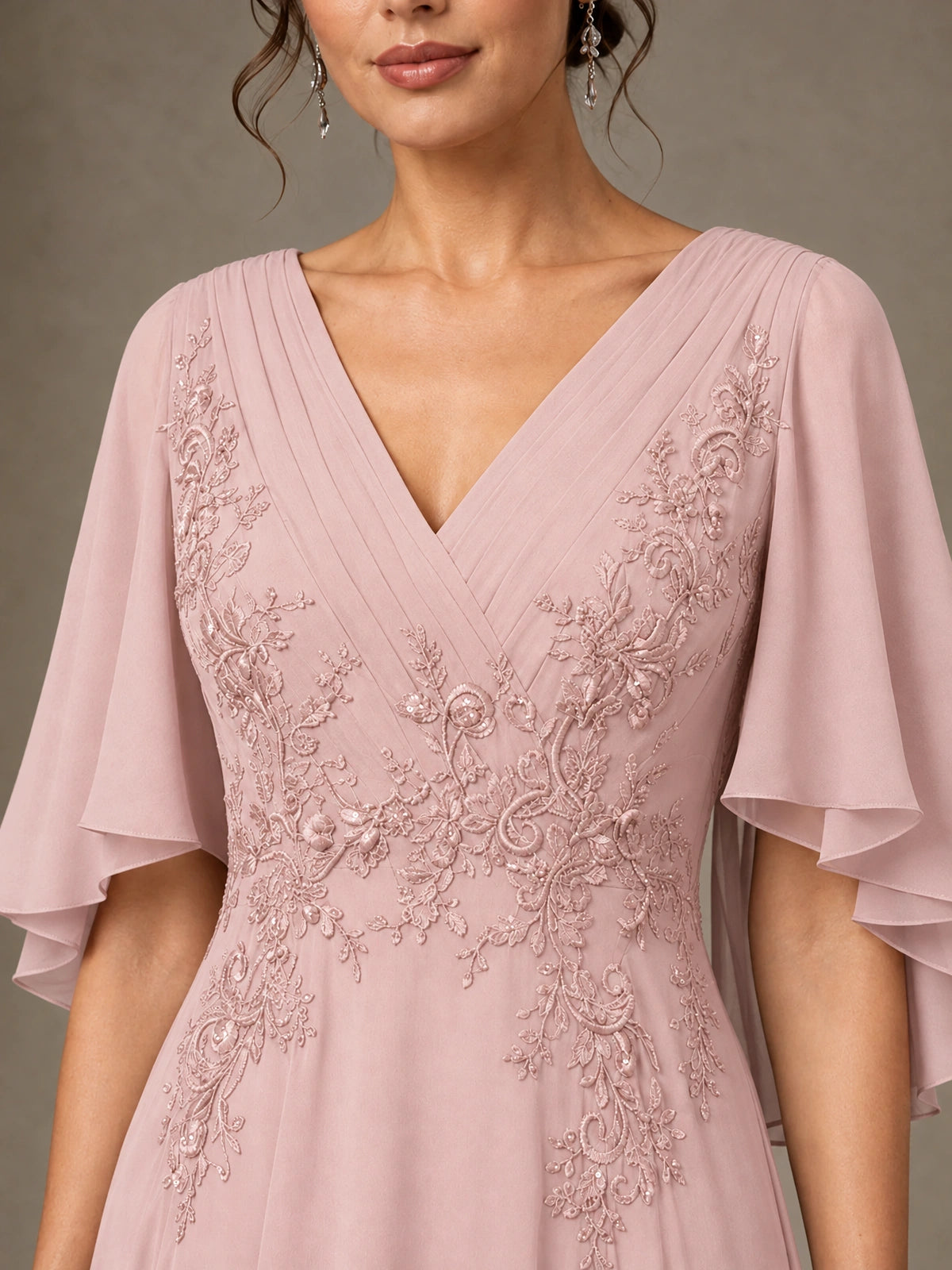 V-Neck Chiffon Lace Mother of the Bride Dress with Flutter Sleeves